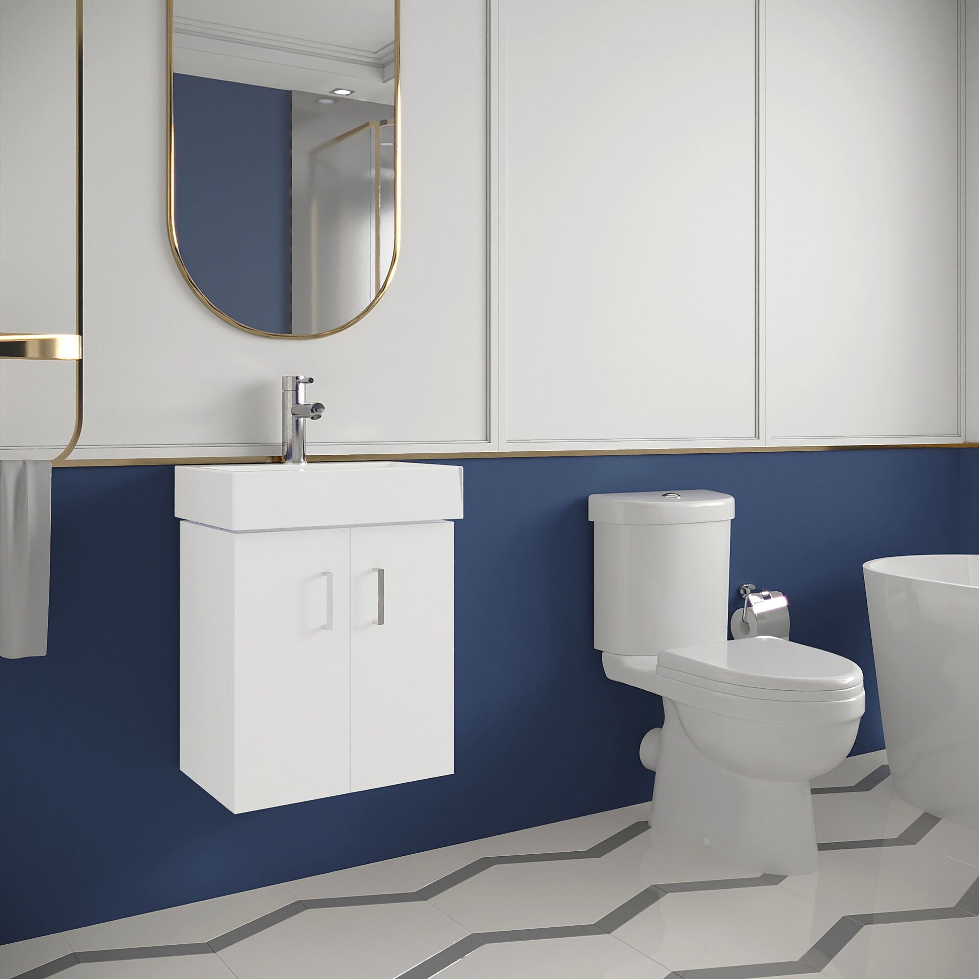 [BFZOR006] Orbit Cloakroom Bundle - Wall Hung Vanity Basin Unit, Toilet Pan, Cistern & Seat (Tap Not Included) - Gloss White - Balterley - Lifestyle 3