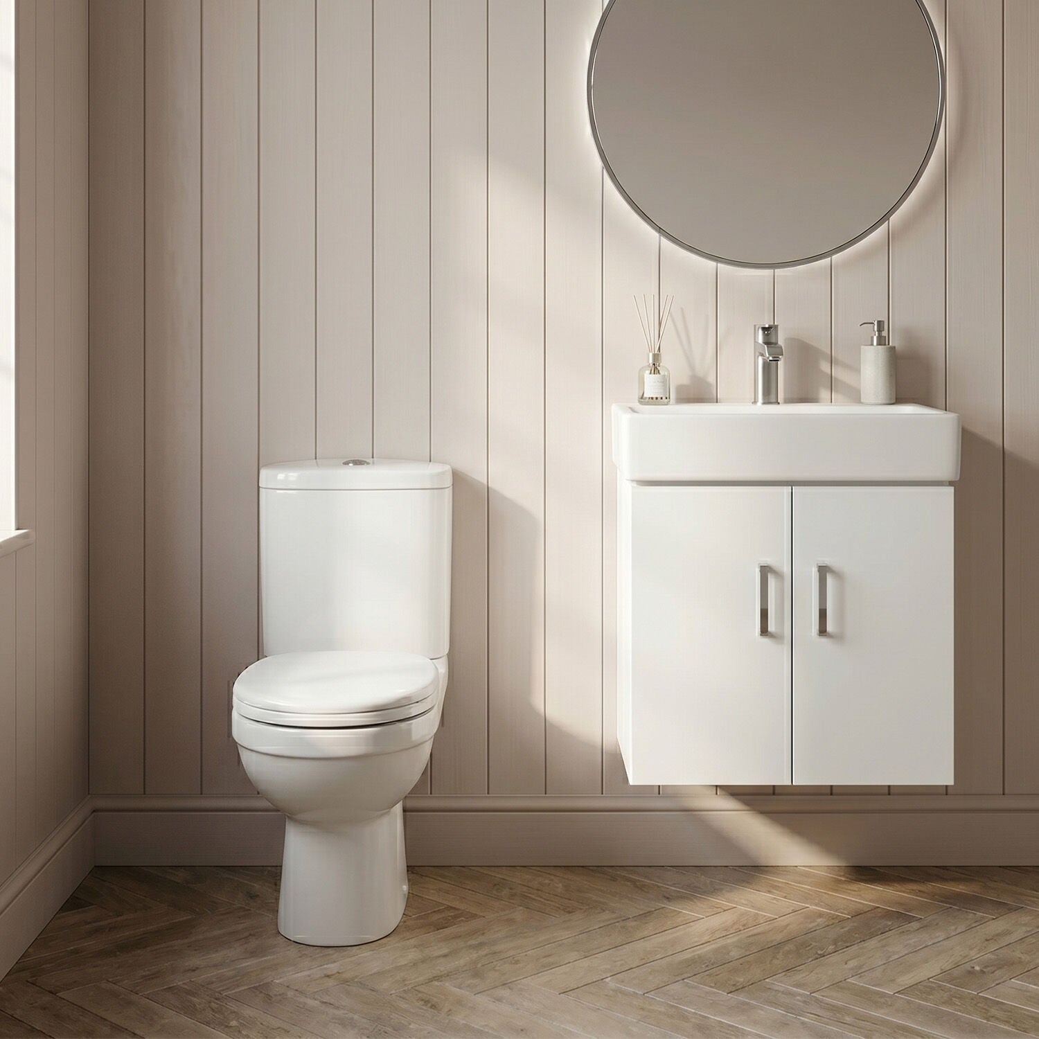 [BFZOR006] Hamstall Orbit Cloakroom Bundle - Wall Hung Vanity Basin Unit, Toilet Pan, Cistern & Seat (Tap Not Included) - Gloss White - Silo