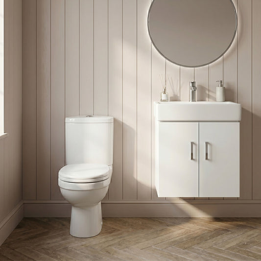 [BFZOR006] Hamstall Orbit Cloakroom Bundle - Wall Hung Vanity Basin Unit, Toilet Pan, Cistern & Seat (Tap Not Included) - Gloss White - Silo