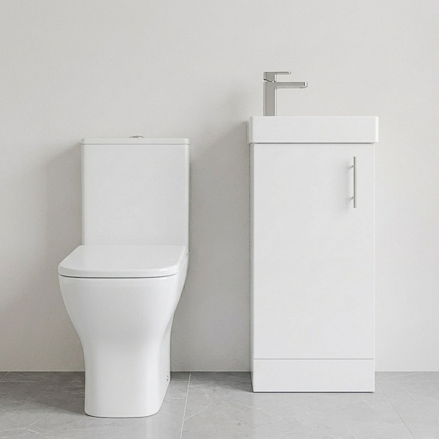 [BFZSA008] Vanity Basin Unit, Tap, and Toilet Set - Gloss White/Chrome - Silo