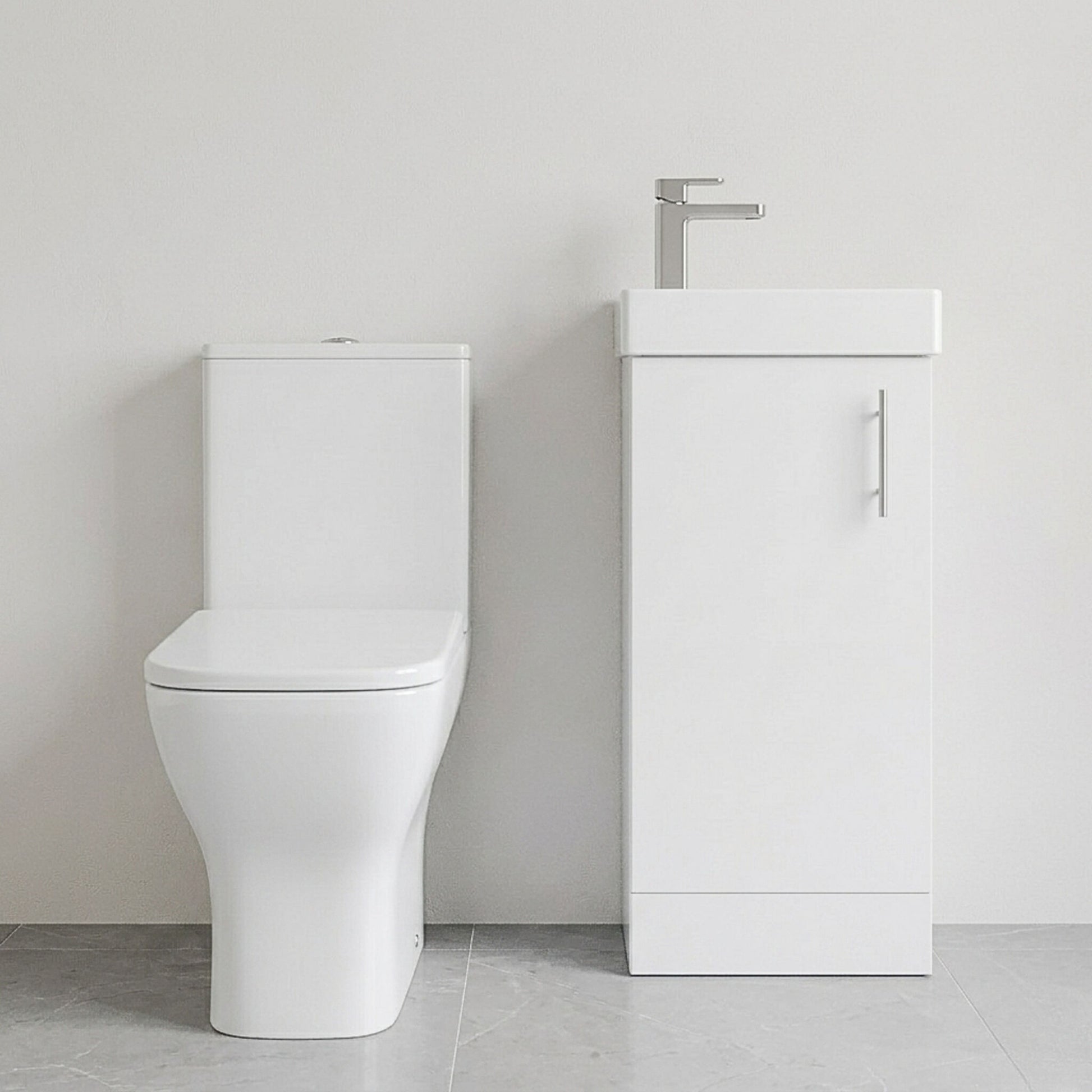 [BFZSA008] Vanity Basin Unit, Tap, and Toilet Set - Gloss White/Chrome - Silo