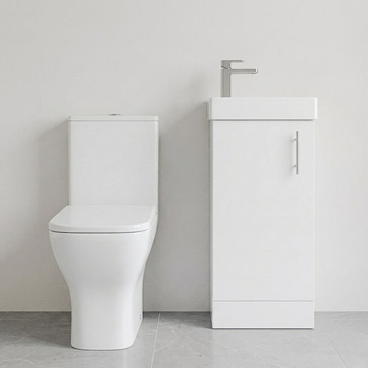[BFZSA008] Vanity Basin Unit, Tap, and Toilet Set - Gloss White/Chrome - Silo