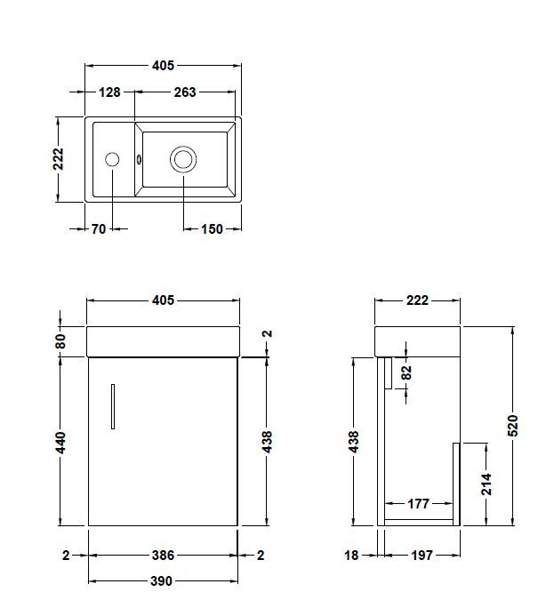 [BFZSA013] Vanity Basin Unit, Tap, and Toilet Set - Gloss White/Chrome - Technical Drawing