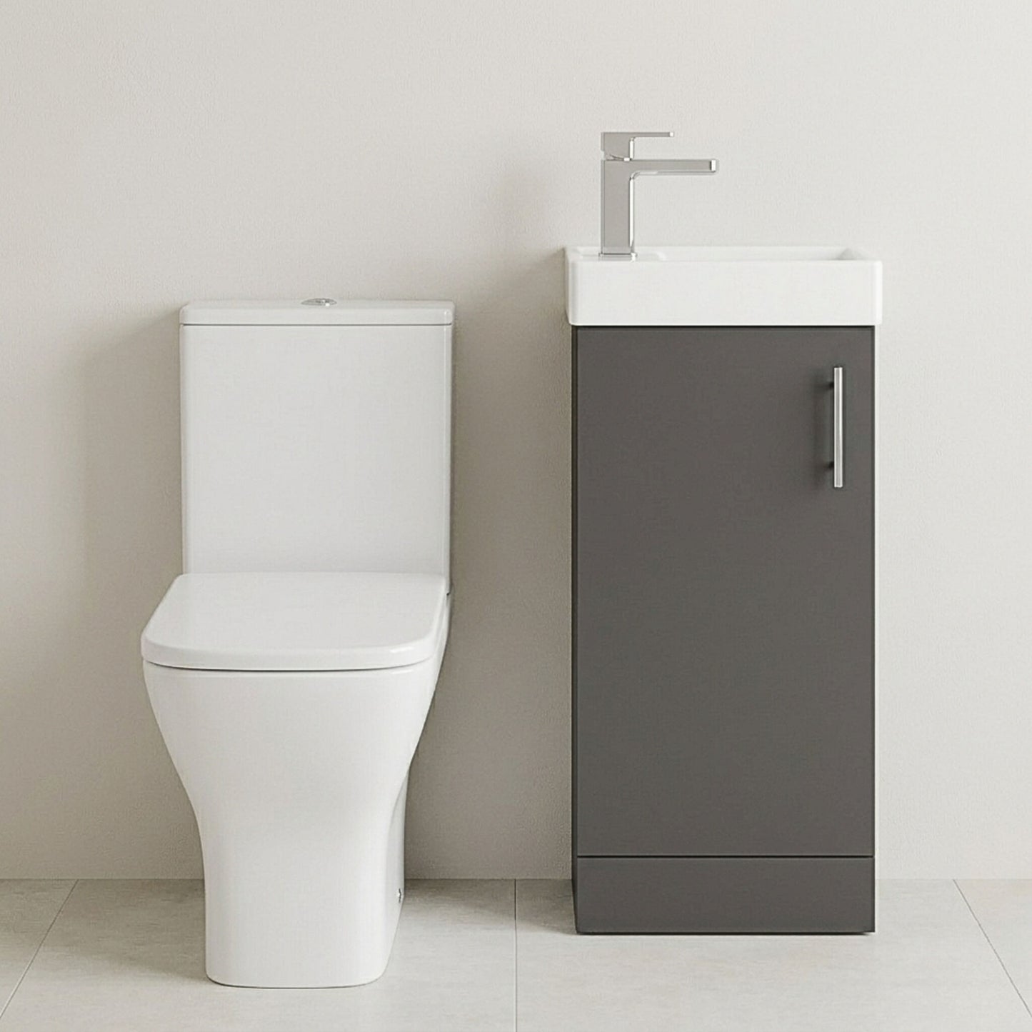 [BFZSA013] Vanity Basin Unit, Tap, and Toilet Set - Gloss White/Chrome - Silo