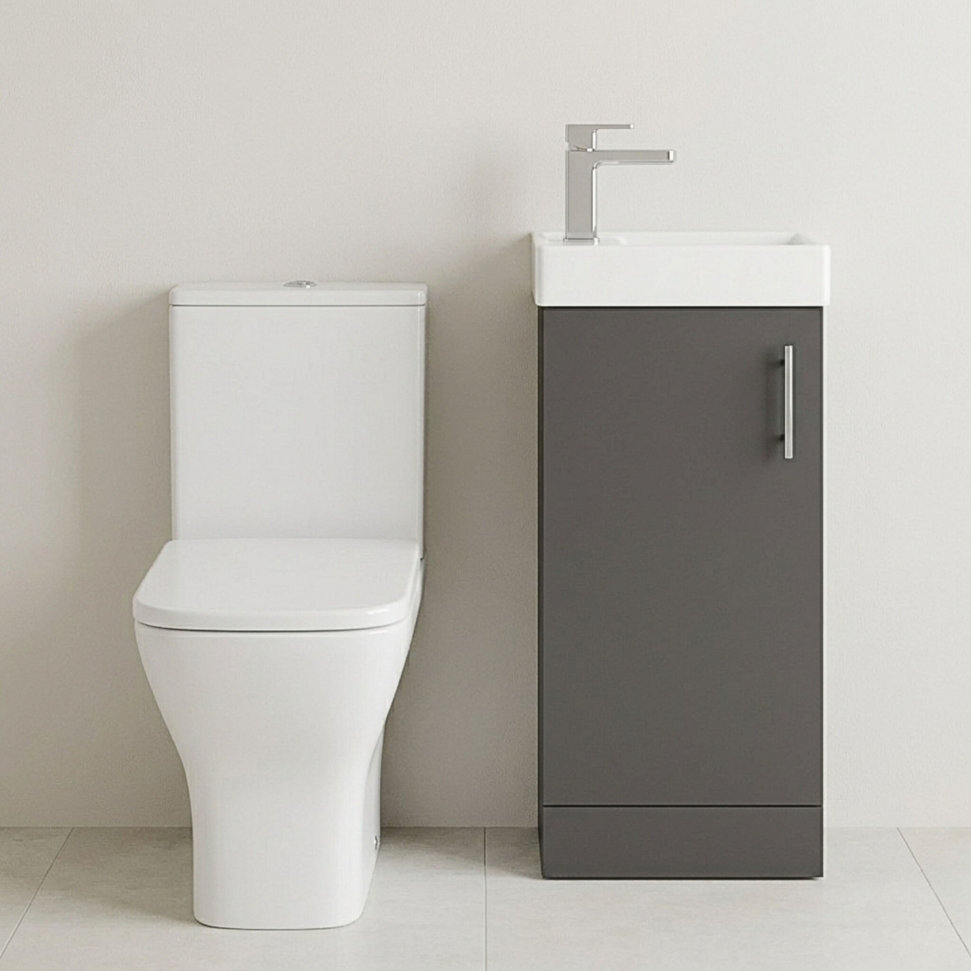 [BFZSA013] Vanity Basin Unit, Tap, and Toilet Set - Gloss White/Chrome - Silo