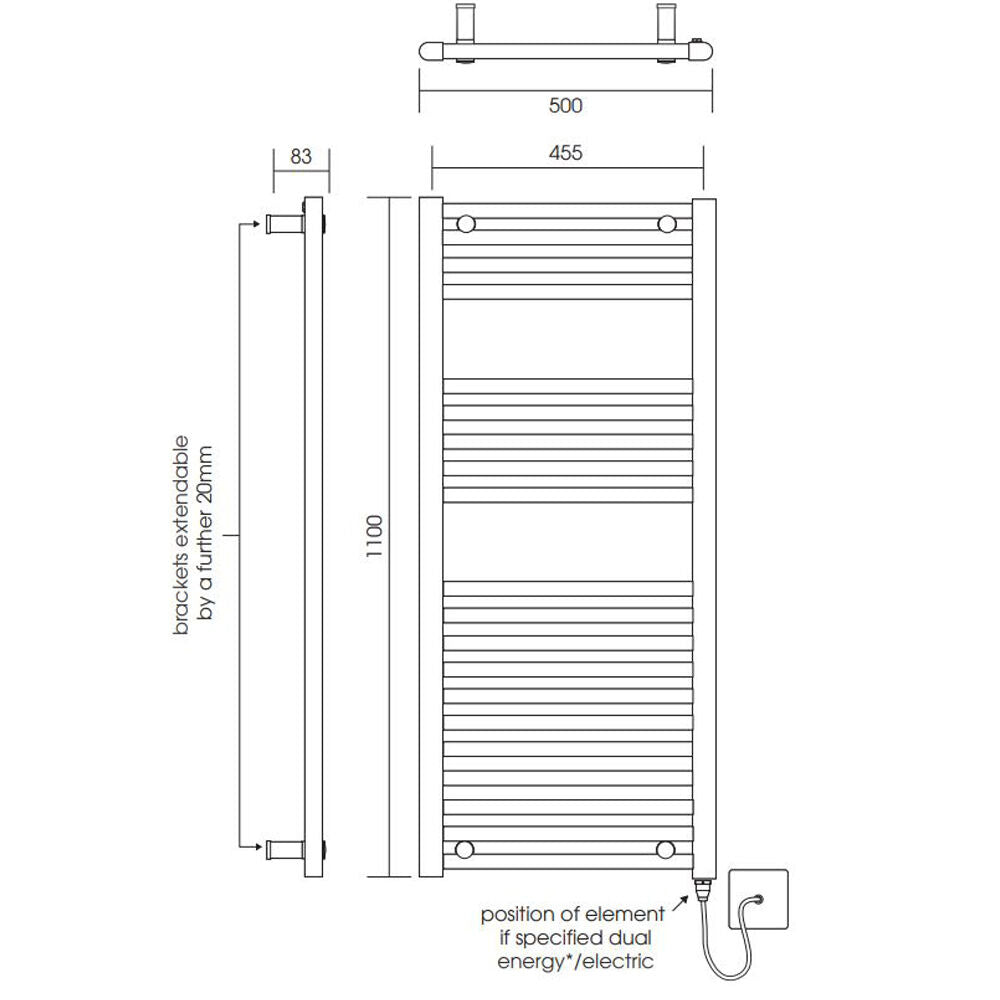 [BH511N] Yarnfield Straight Heated Rail Dual Fuel Towel Warmer, 500mm - Choice of Size and Colour - Technical Drawing