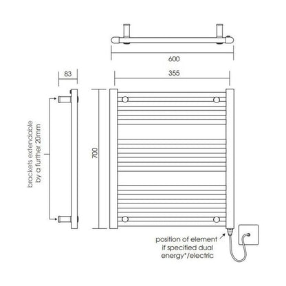 [BH607MB] Yarnfield Straight Heated Heated Towel Rail Radiator, 600mm - Choice of Size and Colour - Technical Drawing