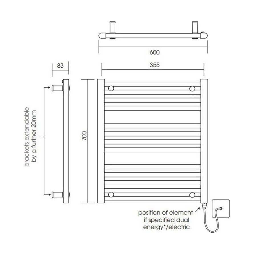 [BH607N] Yarnfield Straight Heated Heated Towel Rail Radiator, 600mm - Choice of Size and Colour - Technical Drawing