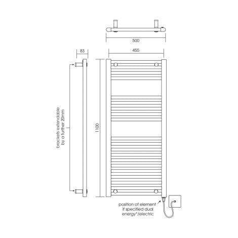 [BH611N] Yarnfield Straight Heated Heated Towel Rail Radiator, 600mm - Choice of Size and Colour - Technical Drawing