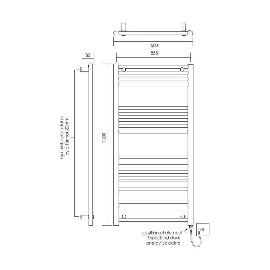 [BH612MB] Yarnfield Straight Heated Heated Towel Rail Radiator, 600mm - Choice of Size and Colour - Technical Drawing