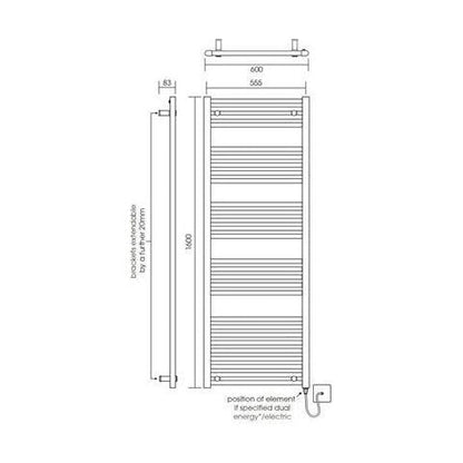 [BH616MB] Yarnfield Straight Heated Heated Towel Rail Radiator, 600mm - Choice of Size and Colour - Technical Drawing