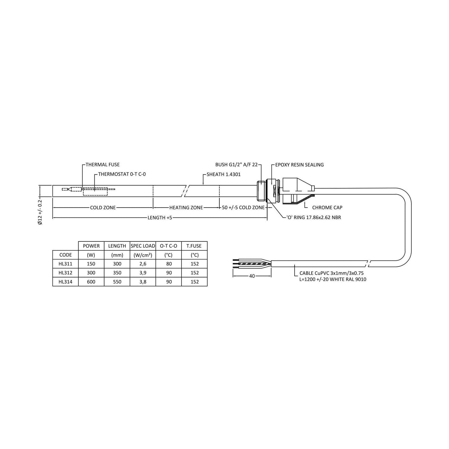 [BHAC312] Electric Towel Rail Heating Elements - 300 Watts - Chrome - Technical Drawing