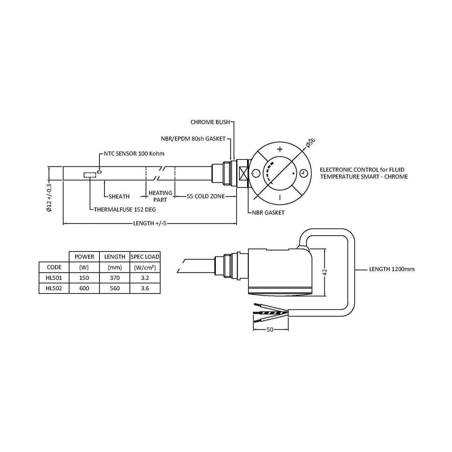[BHAC501] Balterley Contemporary Electric Towel Rail Thermostatic Heating Element 300W - Chrome - Technical Drawing