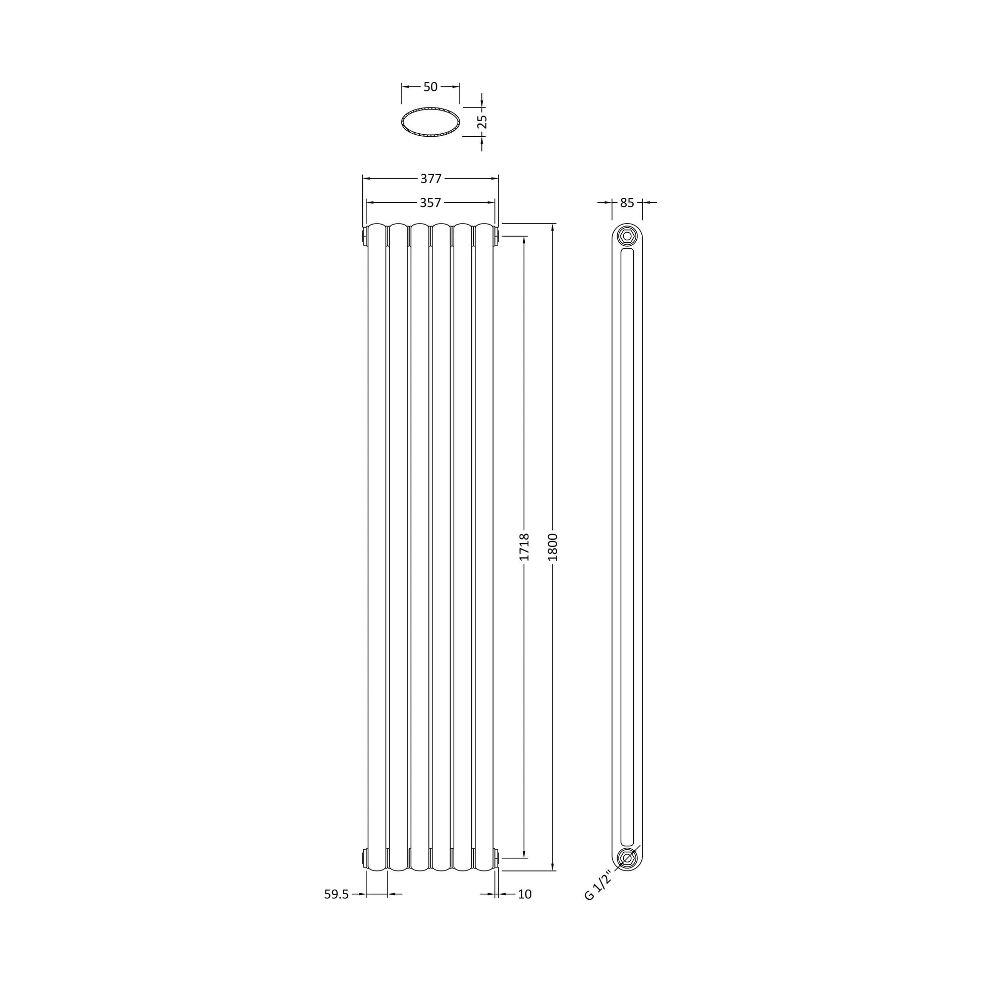 [BHAS001] Balterley Aspire Vertical Double Panel Radiator 1800mm x 383mm - Gloss White - Technical Drawing