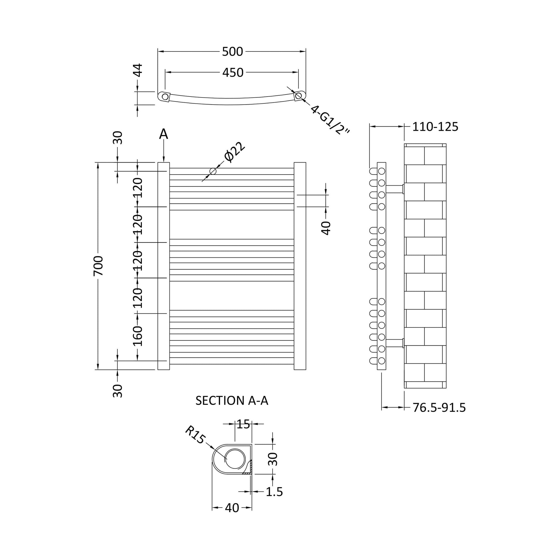 [BHCL102] Balterley Contemporary Heated Vertical Towel Rail with Curved Rails, 1051 BTU, 700mm x 500mm Bathroom Radiator - Anthracite - Technical Drawing