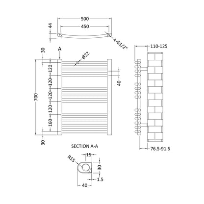 [BHCL102] Balterley Contemporary Heated Vertical Towel Rail with Curved Rails, 1051 BTU, 700mm x 500mm Bathroom Radiator - Anthracite - Technical Drawing