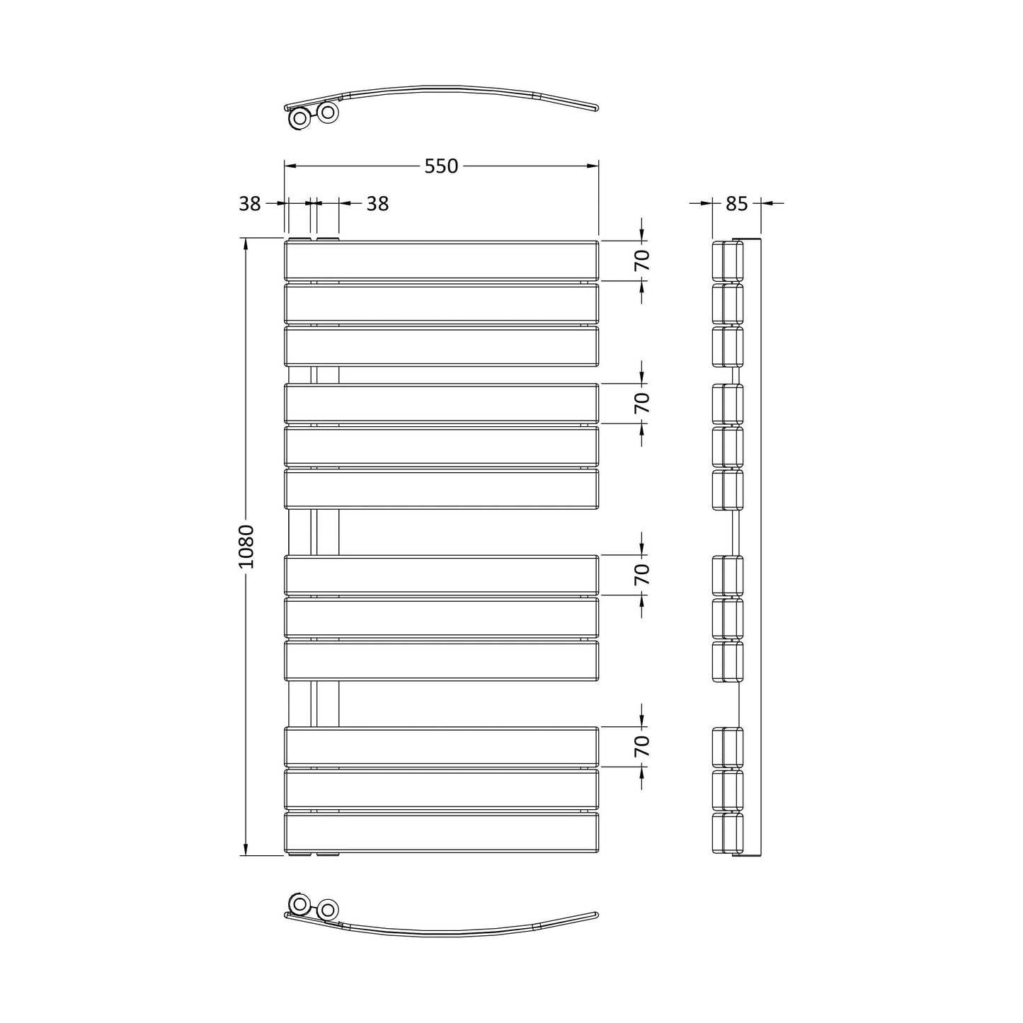 [BHCLA36] Heated Towel Rail with Curved Panels, 1706 BTU, 1080x550mm, Anthracite - Technical Drawing