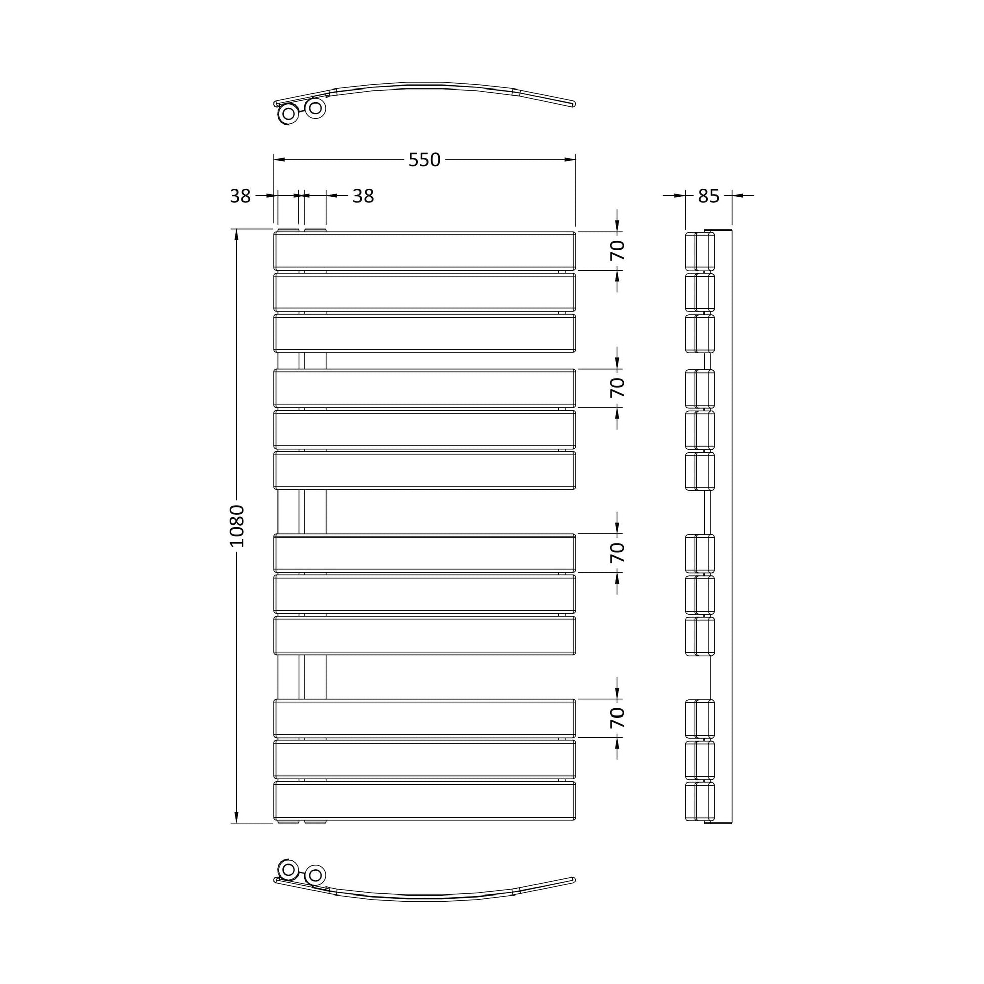 [BHCLA36] Heated Towel Rail with Curved Panels, 1706 BTU, 1080x550mm, Anthracite - Technical Drawing