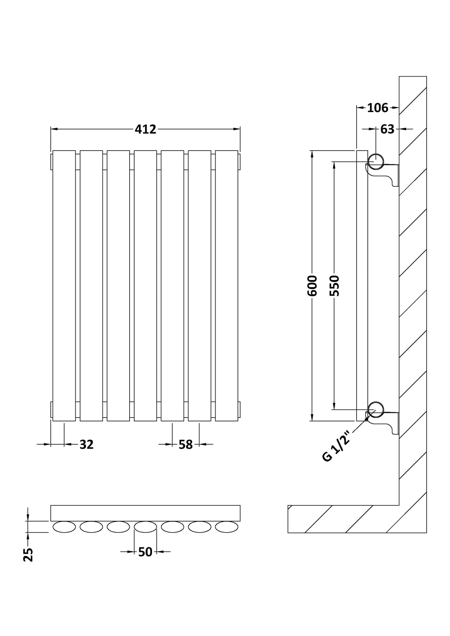 [BHEB337] Pattingham Horizontal Single Panel Radiator, Choice of Size and Colour - Line Drawing