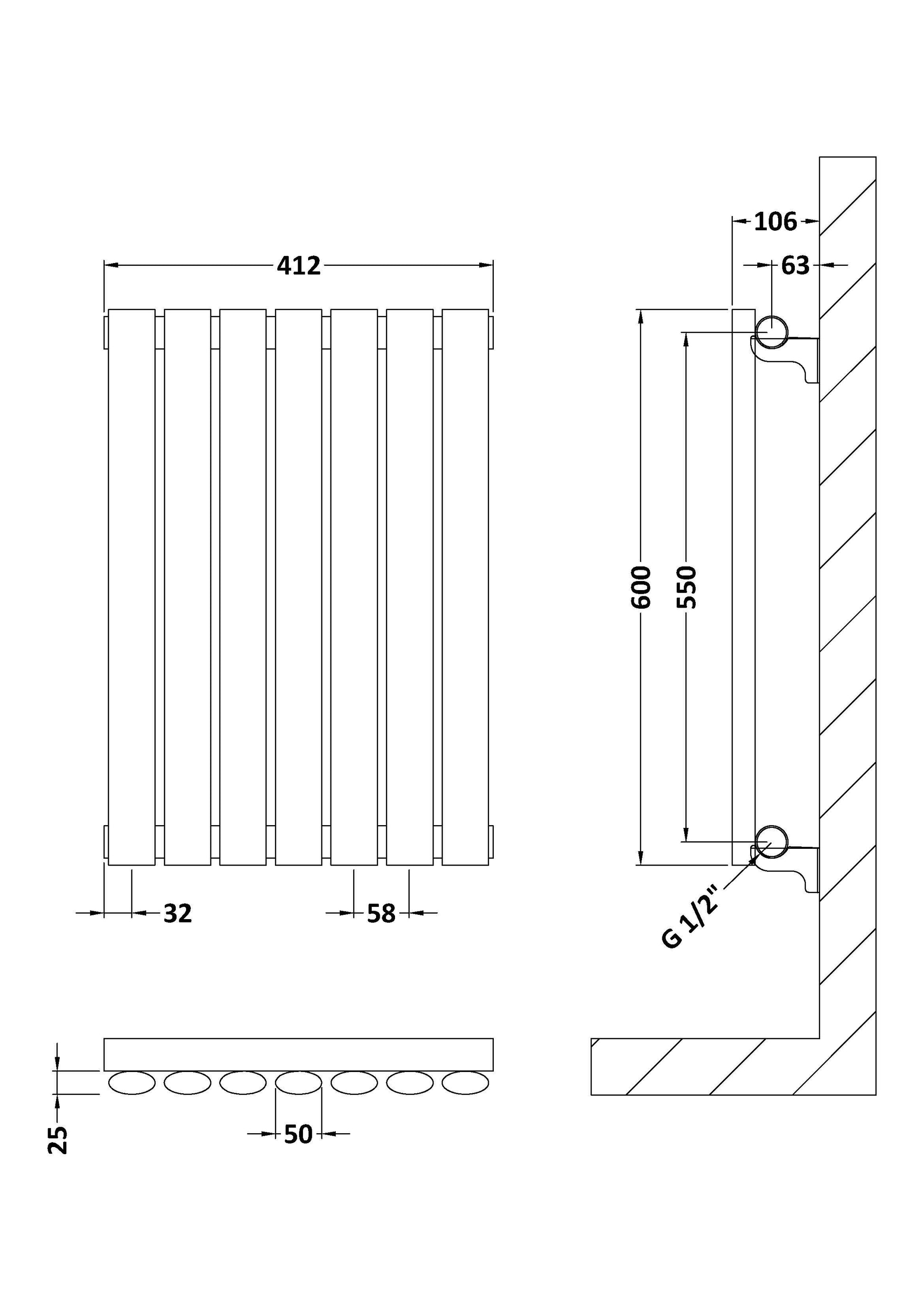 [BHEB337] Pattingham Horizontal Single Panel Radiator, Choice of Size and Colour - Line Drawing