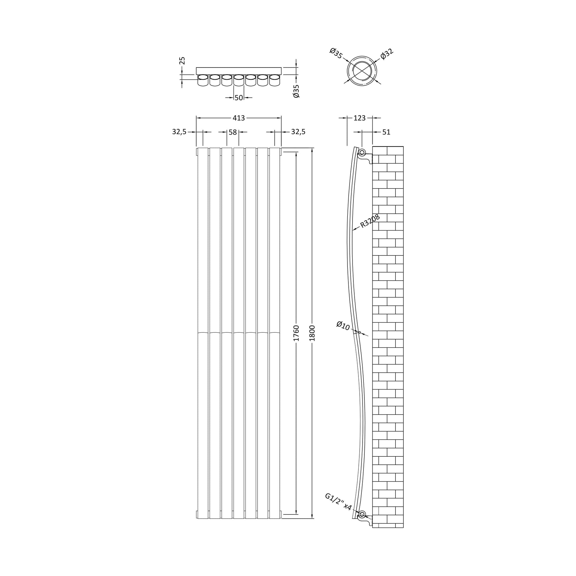 [BHEBW95] Balterley Embrace Wave Vertical Single Panel Radiator, 1785mm x 413mm - Gloss White - Technical Drawing