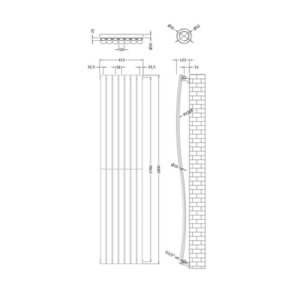 [BHEBW95] Balterley Embrace Wave Vertical Single Panel Radiator, 1785mm x 413mm - Gloss White - Technical Drawing