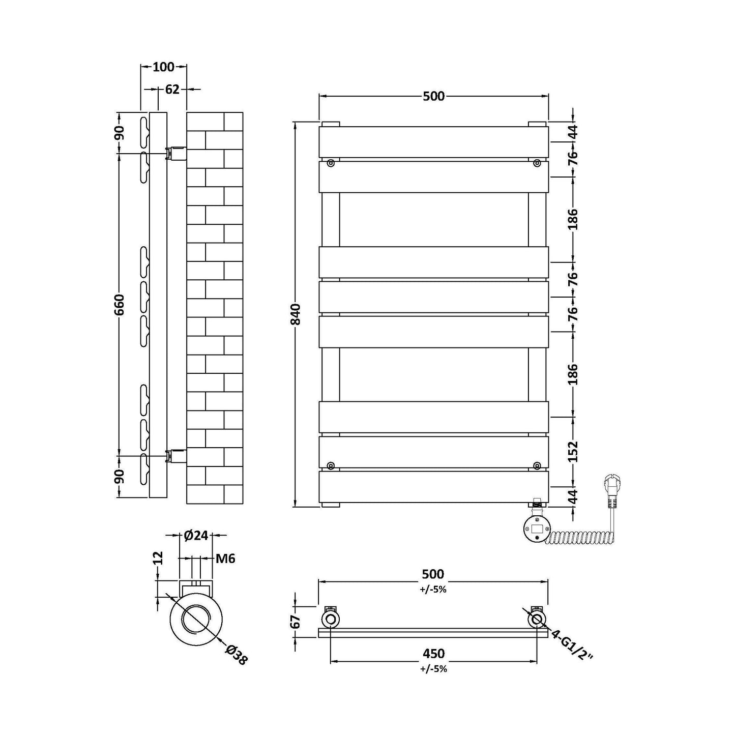 [BHEF158] Electric Square Flat Heated Towel Rail with 8 Bars, 840 x 500mm, Anthracite - Technical Drawing