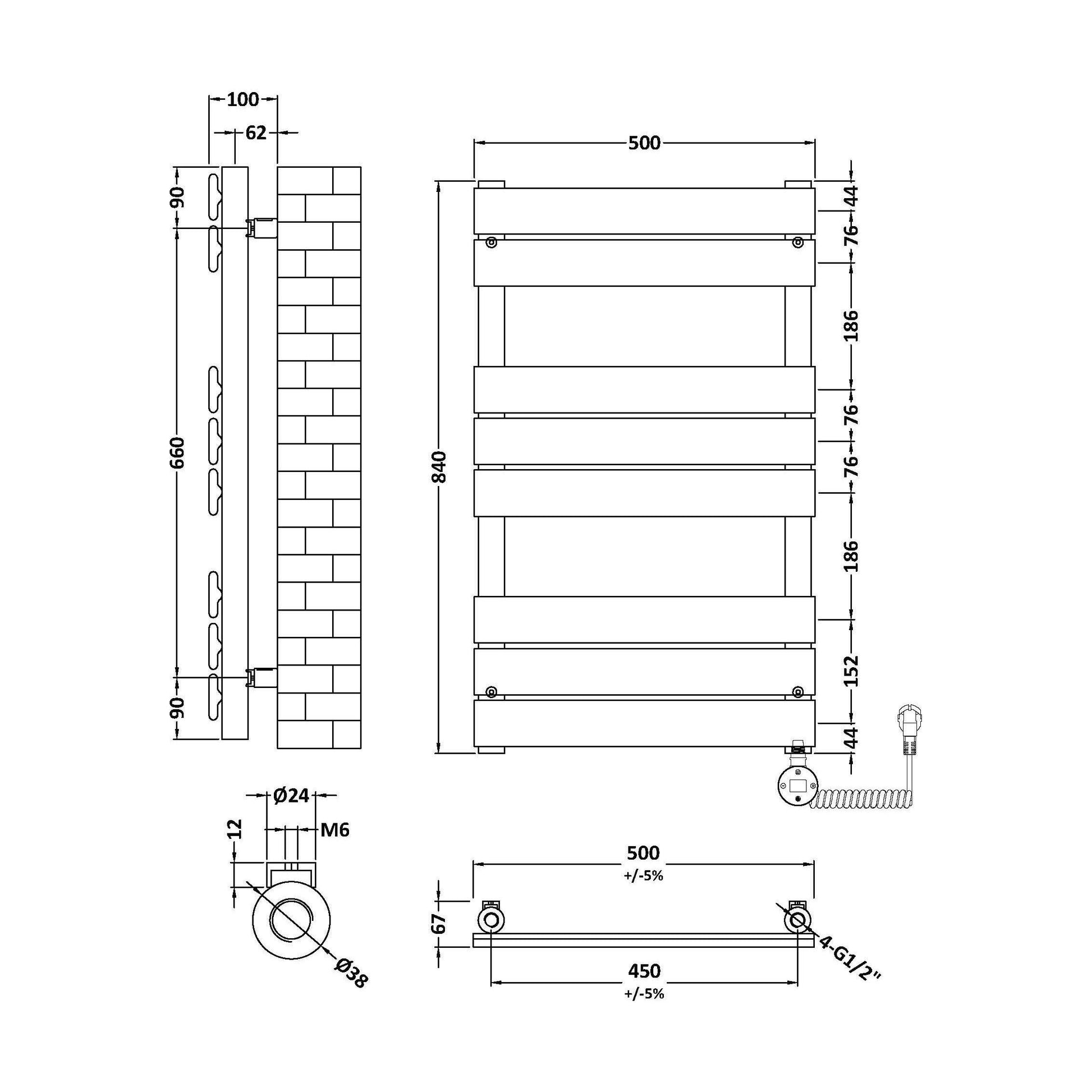 [BHEF158] Electric Square Flat Heated Towel Rail with 8 Bars, 840 x 500mm, Anthracite - Technical Drawing