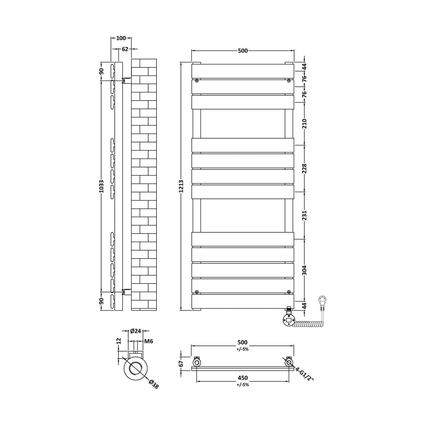 [BHEF459] Electric Square Flat Heated Towel Rail with 12 Bars, 1213 x 500, Anthracite - Technical Drawing