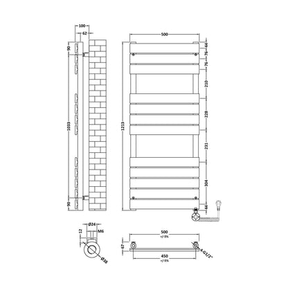 [BHEF459] Electric Square Flat Heated Towel Rail with 12 Bars, 1213 x 500, Anthracite - Technical Drawing