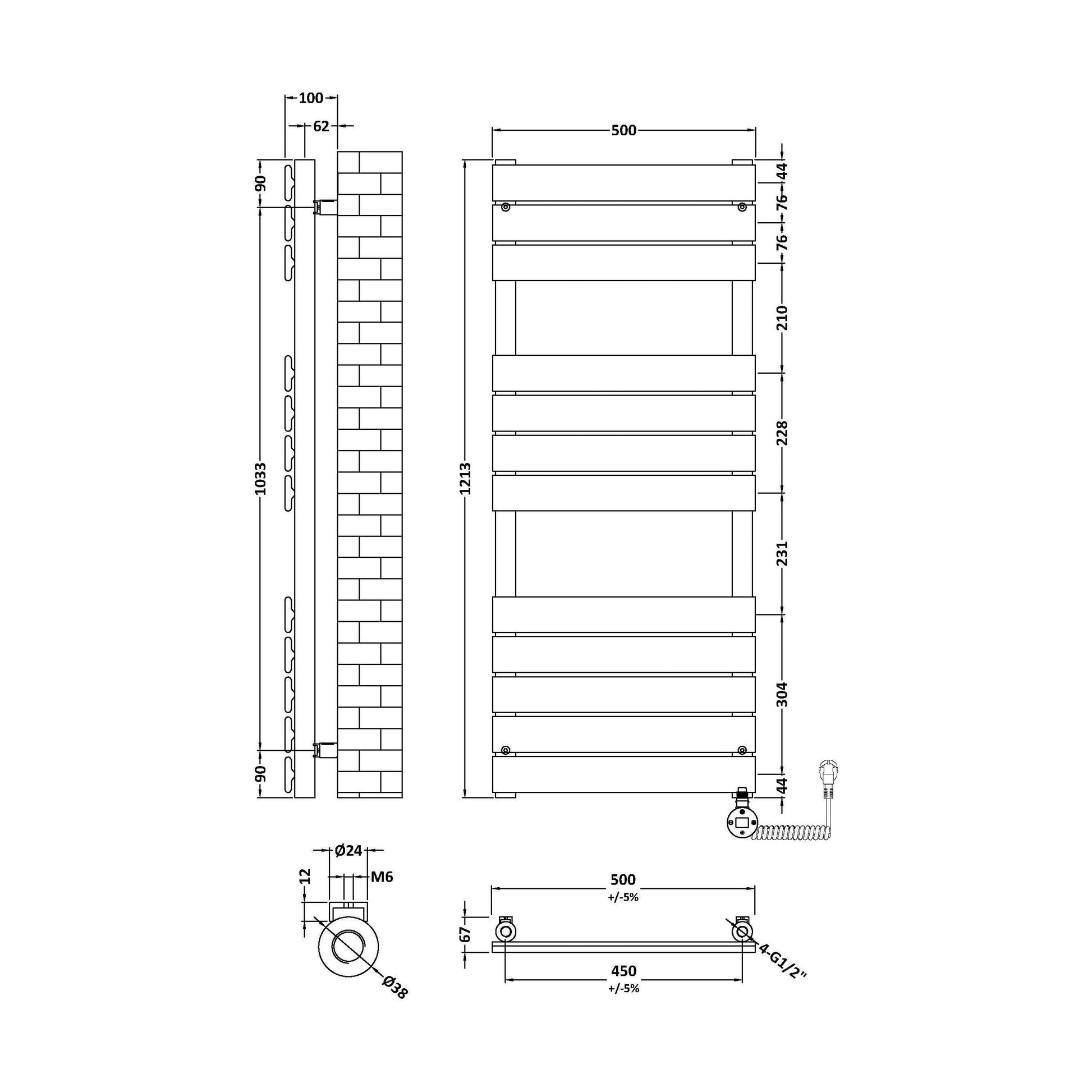 [BHEF859] Electric Square Flat Heated Towel Rail with 12 Bars, 1213 x 500, Anthracite - Technical Drawing