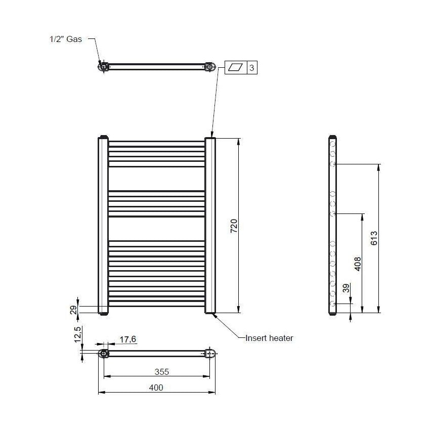 [BHEL150] Balterley Electric Vertical Round Towel Rail with 13 Rails, 720mm x 400mm, 200 Watt Heated Bathroom Accessory - Chrome - Technical Drawing
