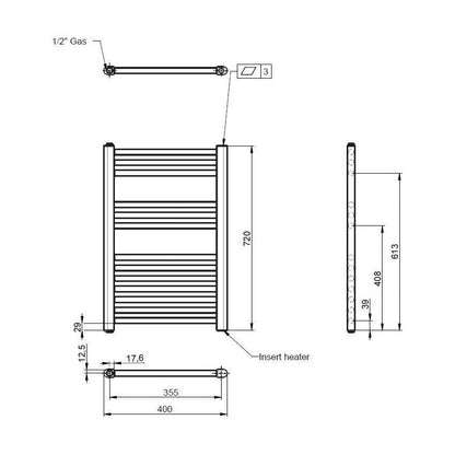 [BHEL153] Balterley Contemporary Electric Vertical Round Towel Rail with 13 Rails, 720mm x 400mm, 300 Watt Heated Bathroom - Anthracite - Technical Drawing