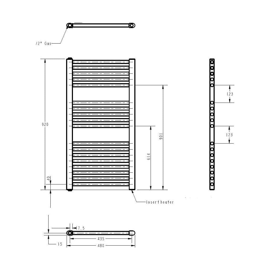 [BHEL154] Balterley Contemporary Electric Vertical Round Towel Rail with 18 Rails, 920mm x 480mm, 500 Watt Heated Bathroom - Anthracite - Technical Drawing