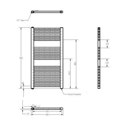 [BHEL154] Balterley Contemporary Electric Vertical Round Towel Rail with 18 Rails, 920mm x 480mm, 500 Watt Heated Bathroom - Anthracite - Technical Drawing