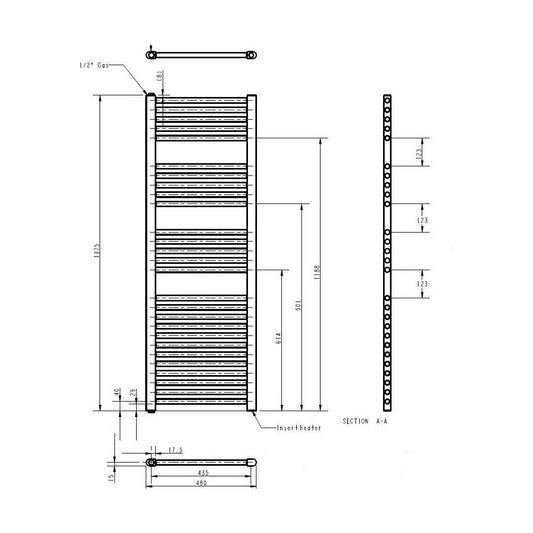 [BHEL155] Balterley Contemporary Electric Vertical Round Towel Rail with 27 Rails, 1375mm x 480mm, 750 Watt Heated Bathroom - Anthracite - Technical Drawing