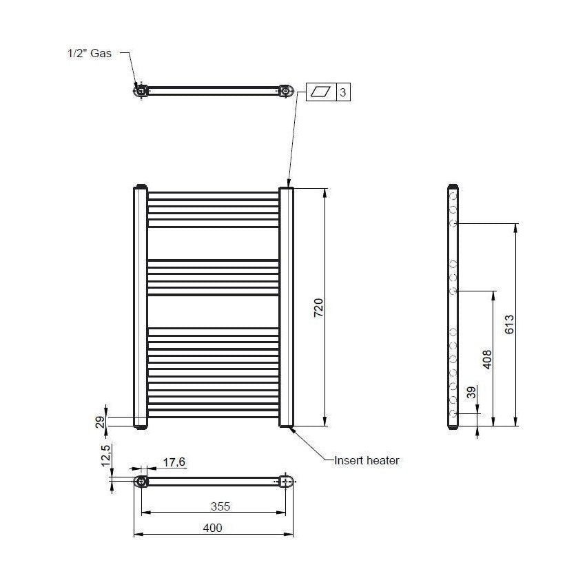 [BHEL156] Balterley Contemporary Electric Vertical Round Towel Rail with 13 Rails, 720mm x 400mm, 300 Watt Heated Bathroom - Gloss White - Technical Drawing