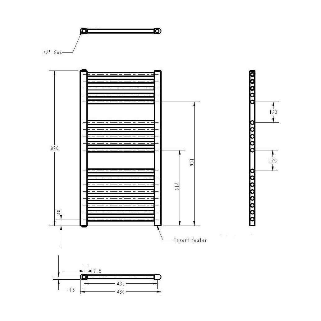 [BHEL157] Balterley Contemporary Electric Vertical Round Towel Rail with 18 Rails, 920mm x 480mm, 500 Watt Heated Bathroom - Gloss White - Technical Drawing