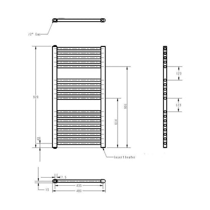 [BHEL157] Balterley Contemporary Electric Vertical Round Towel Rail with 18 Rails, 920mm x 480mm, 500 Watt Heated Bathroom - Gloss White - Technical Drawing