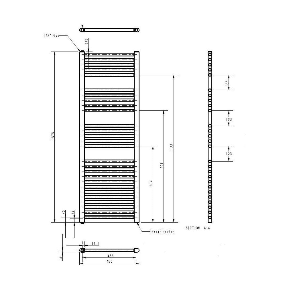 [BHEL158] Balterley Contemporary Electric Vertical Round Towel Rail with 27 Rails, 1375mm x 480mm, 750 Watt Heated Bathroom - Gloss White - Technical Drawing