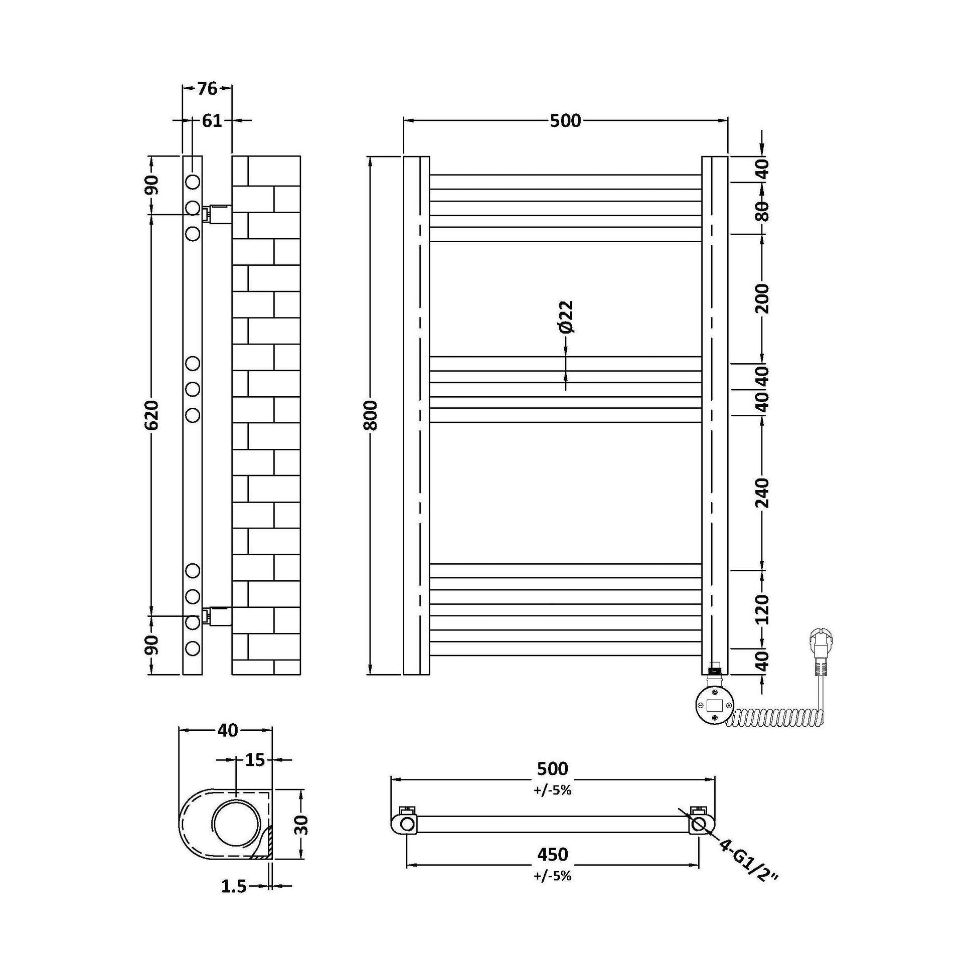 [BHER359] Croxall Electric Round Tube Heated Towel Rail with 10 Bars, 800 x 500mm - Choice of Colour - Technical Drawing