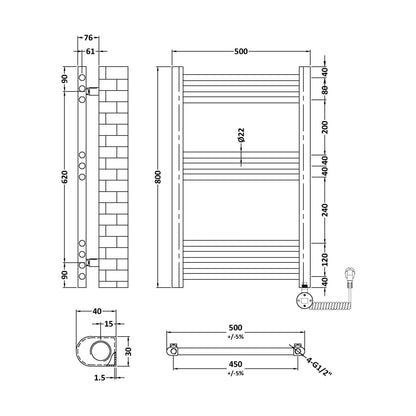 [BHER359] Croxall Electric Round Tube Heated Towel Rail with 10 Bars, 800 x 500mm - Choice of Colour - Technical Drawing