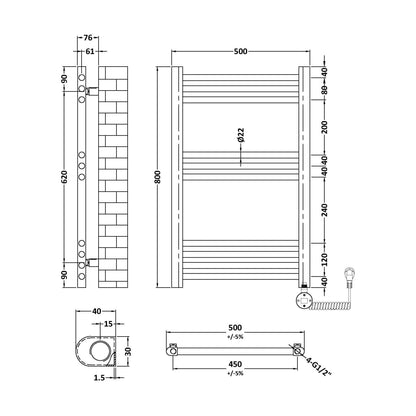 [BHER459] Croxall Electric Round Tube Heated Towel Rail with 10 Bars, 800 x 500mm - Choice of Colour - Technical Drawing