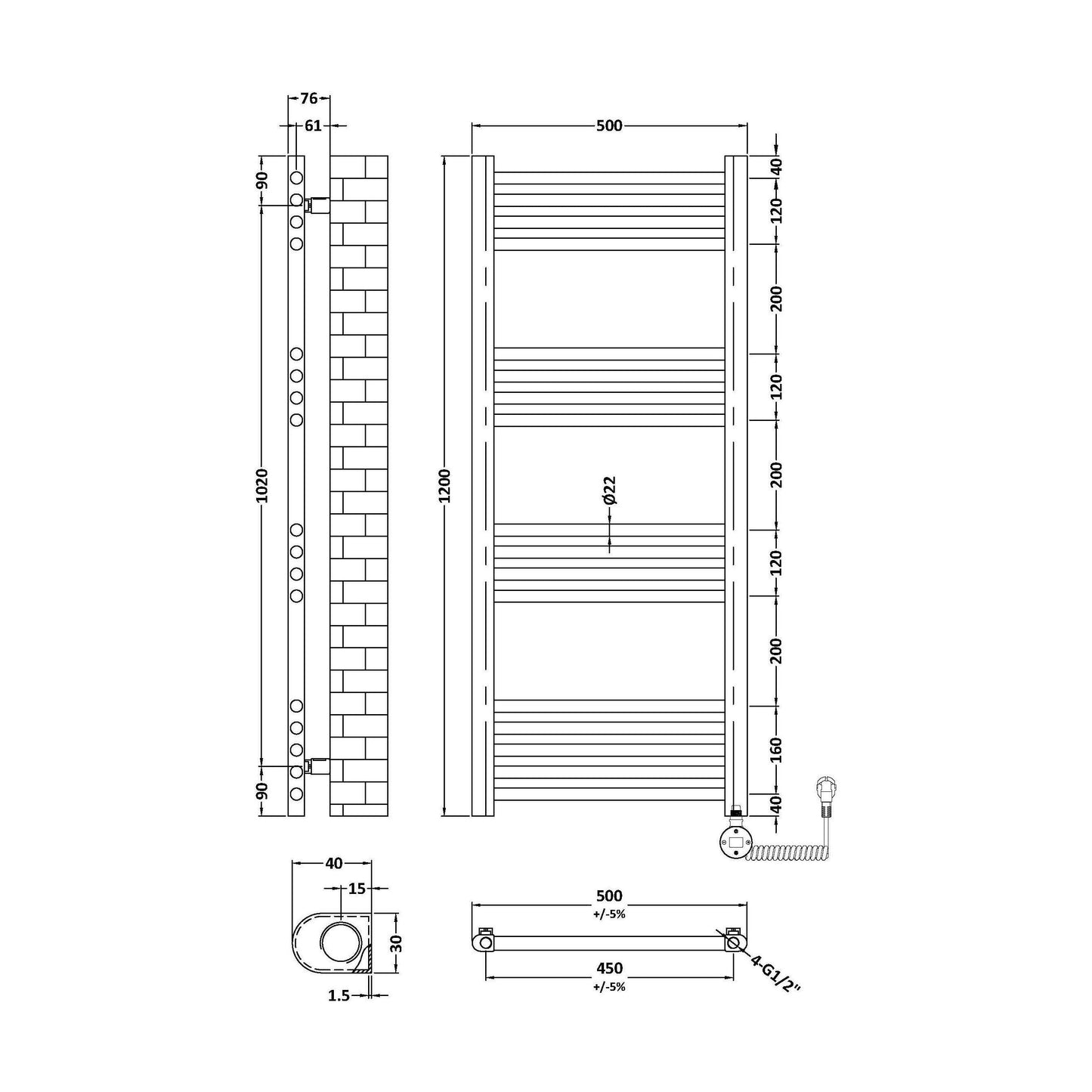 [BHER860] Croxall Electric Round Tube Heated Towel Rail with 17 Bars, 1200 x 500mm - Choice of Colour - Technical Drawing