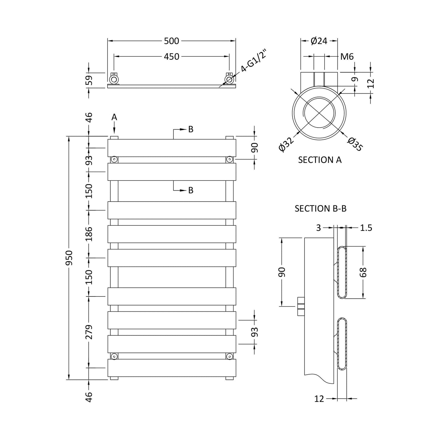 [BHFP382] Balterley Contemporary Heated Towel Rail with 9 Flat Panels, 950mm x 500mm - Chrome - Technical Drawing