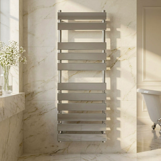 [BHFP396] Ecton Contemporary Heated Towel Rail with 11 Flat Panels, 1200mm x 500mm - Chrome - Silo