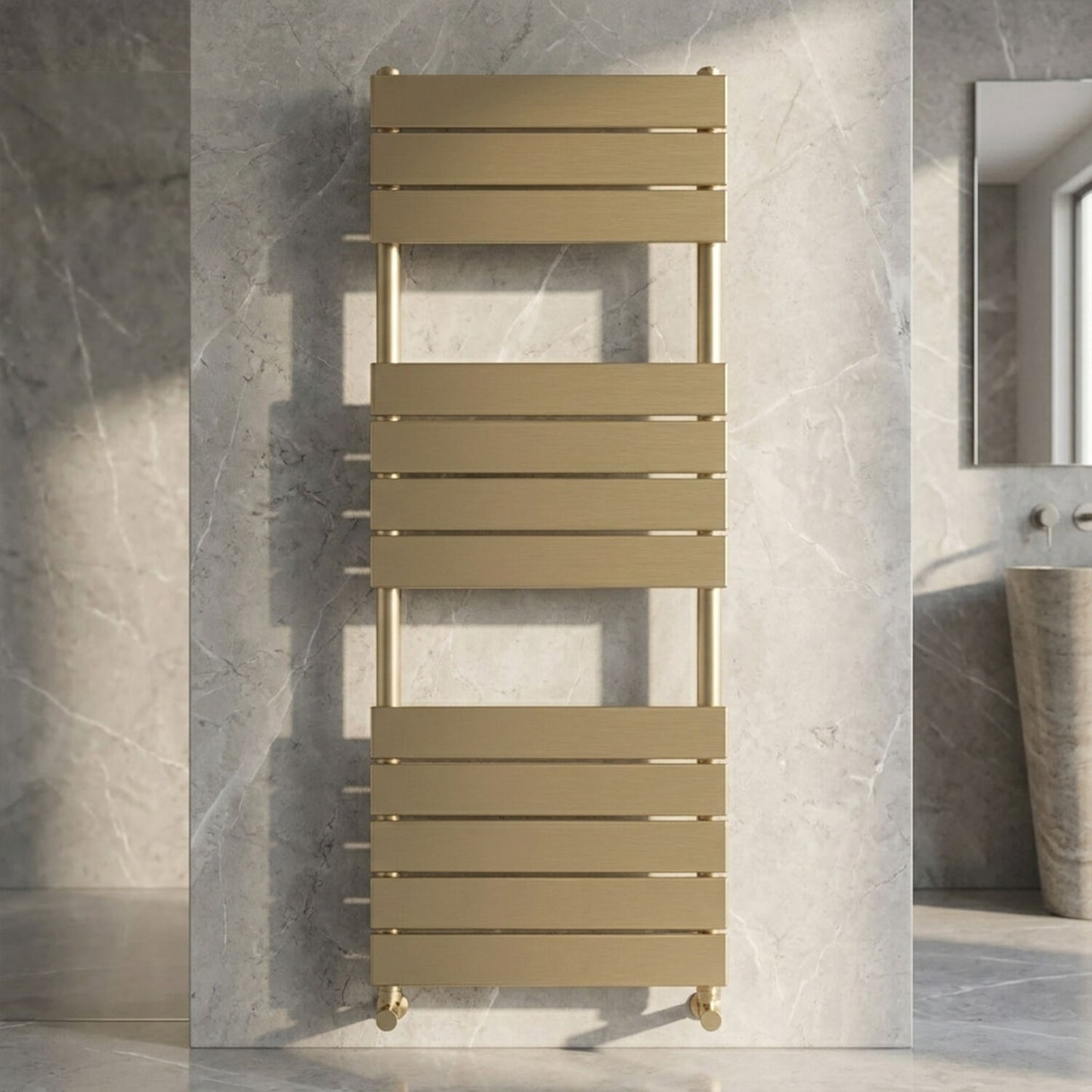 [BHFP835] Ecton Square Flat Towel Radiator 1213mm x 500mm, Brushed Brass - Silo