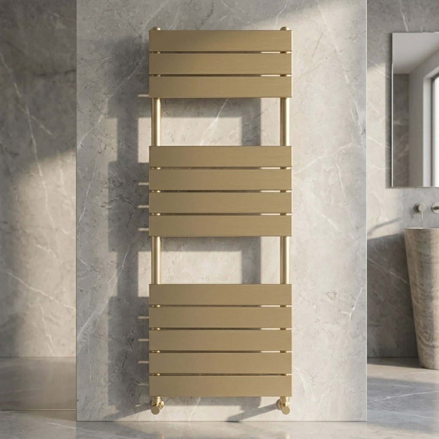 [BHFP835] Ecton Square Flat Towel Radiator 1213mm x 500mm, Brushed Brass - Silo
