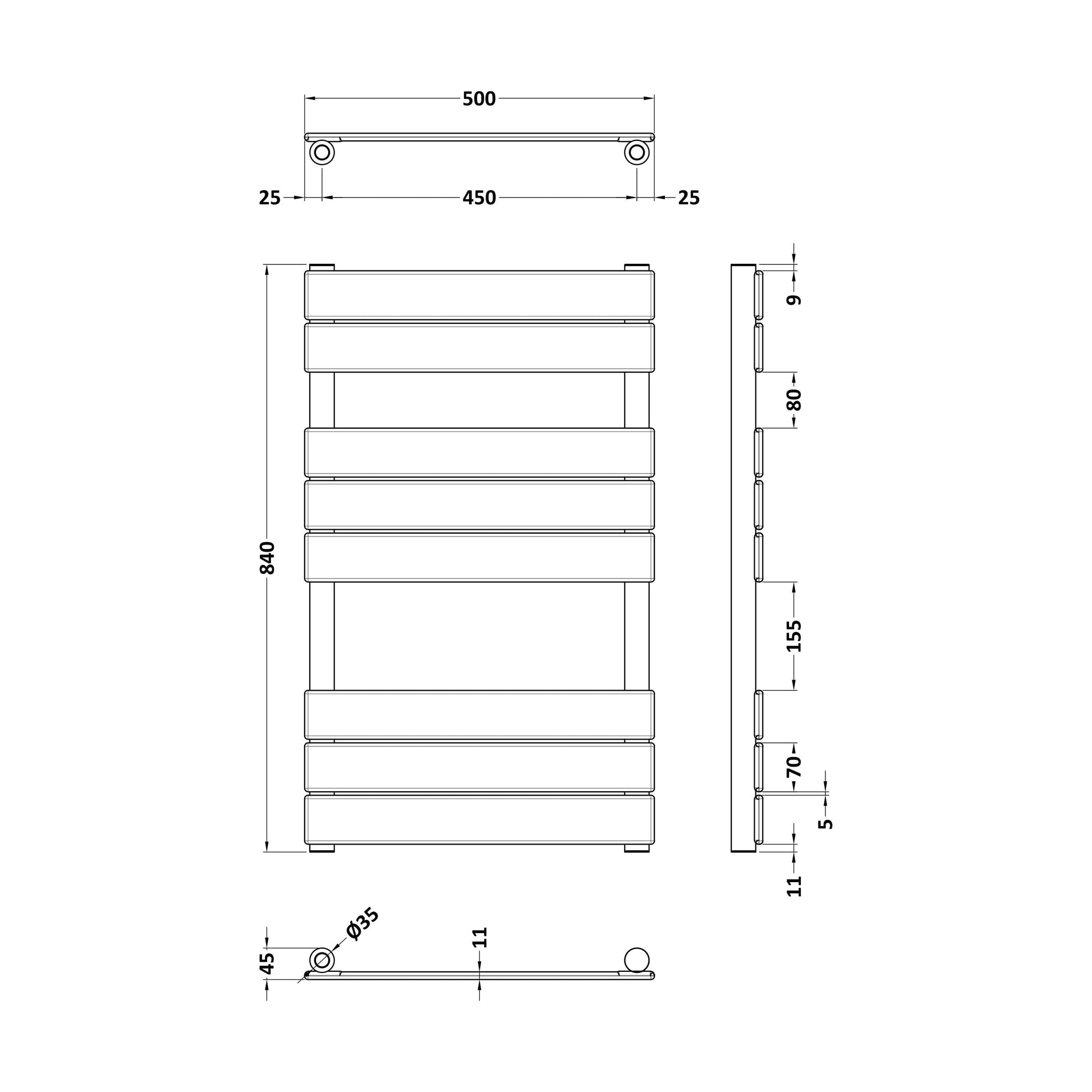 [BHFPA82] Square Flat Towel Radiator 840mm x 500mm, Anthracite - Technical Drawing