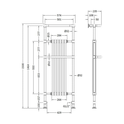 [BHHA008] HARRINGTON TOWEL RADIATOR 1500X575MM - Technical Drawing